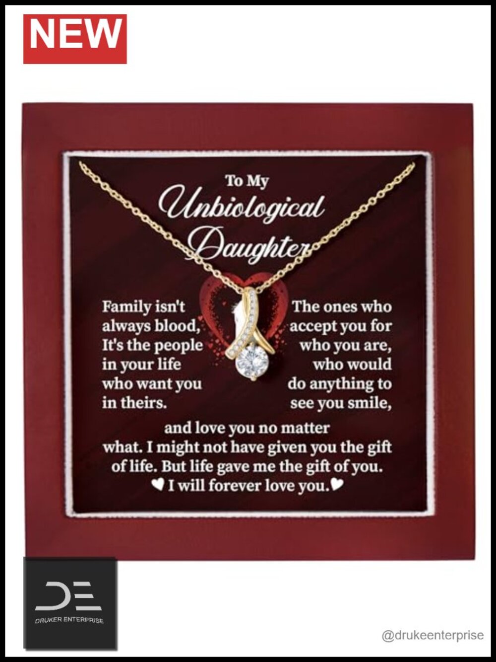 Bonus Daughter Necklace Heart Pendant Cubic Zirconia Stainless Steel Gift